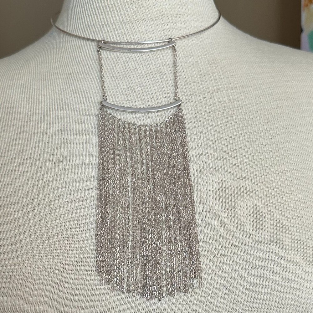 Silver Toned Fringe Tassel Collar Necklace